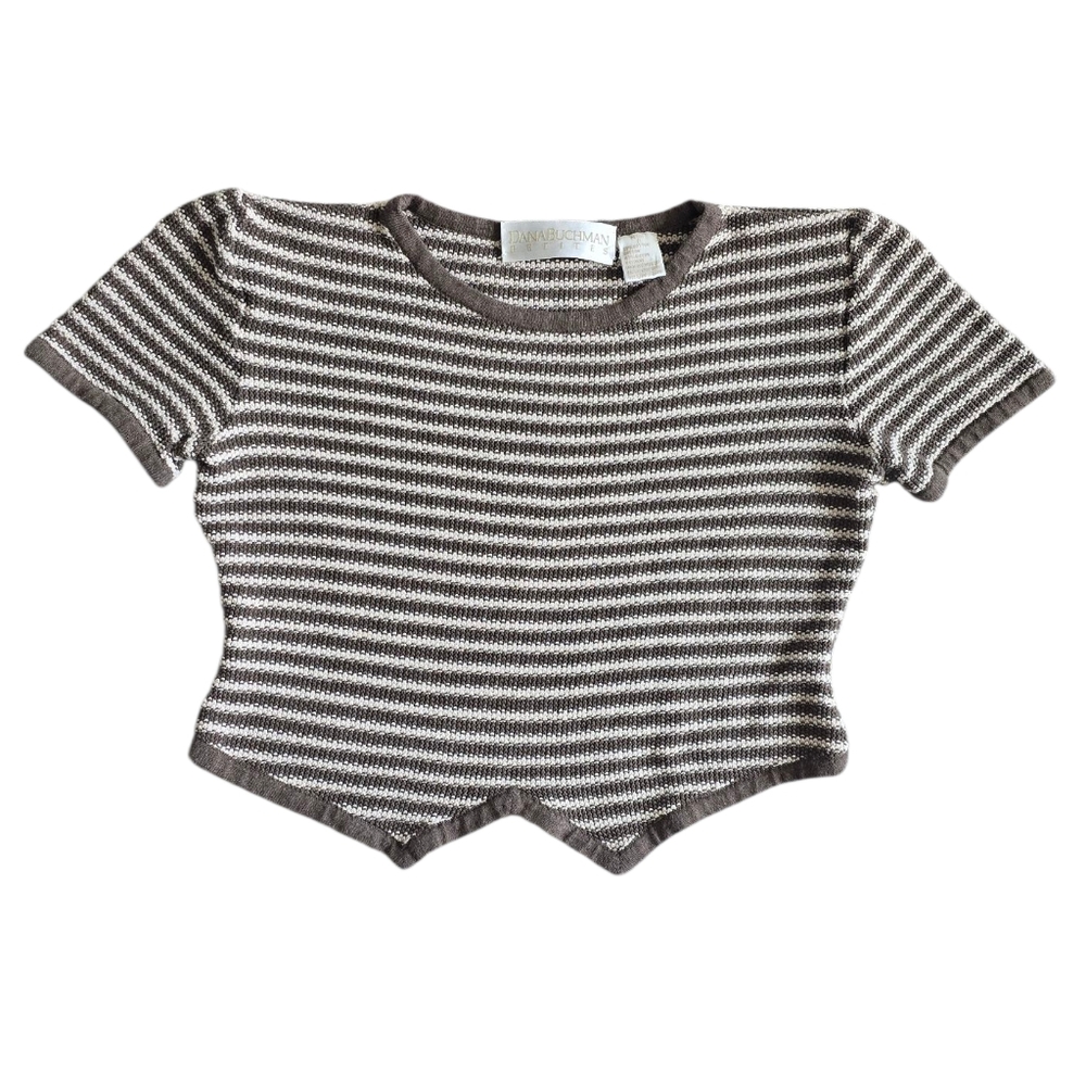 Vintage Dana Burchman Petites Women's Striped Olive & Cream Knit Crop Top Size S